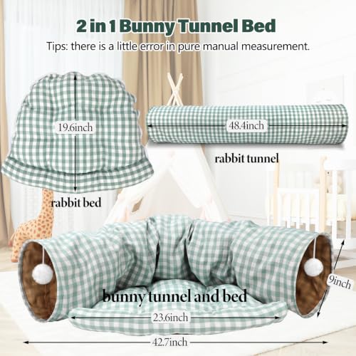 BWOGUE Bunny Tunnel Bed, 2-in-1Collapsible Rabbit Tunnel Hideout with Mat | Removable Mat for Washing, Ball Toy for Play, Tunnel Tubes for Hiding, GreenPlaid Soft Suede Fabric, Cats Rabbits Guinea Pigs - color: GreenPlaid