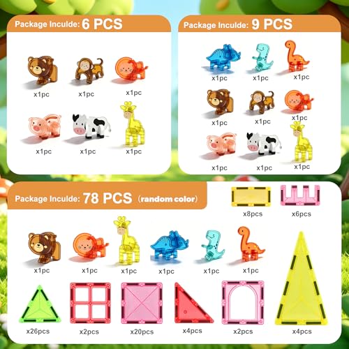 Magnetic Animal Figures for Magnetic Tiles, 3D Assemble Zoo Dinosaur Animal Toys, STEM Educational Sensory Play Set for Kids , Compatible with Magnetic Building Blocks, Ideal Gift for Boys Girls (9)