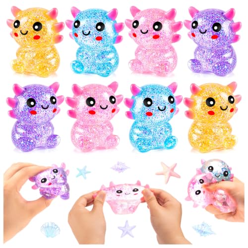 8PCS Glitter Sitting Axolotl Stress Relief Ball Axolotl Sensory Fidget Toys | Cute Sitting Axolotls Toys for Adults Kids, Soothing Classroom Office Birthday Party Gift (4 Colors) - style: 8PCS (Sitting)
