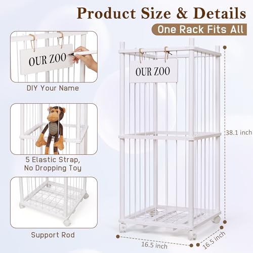 Stuffed Animal Storage Zoo, Wooden Stuffed Animal Organizer with Wheels | Stuffy Storage with Upgraded 5-Row Elastic Cords, Space-Saving Plush Toy Storage Holder for Playroom, Bedroom, Nursery - color: White, size: Small
