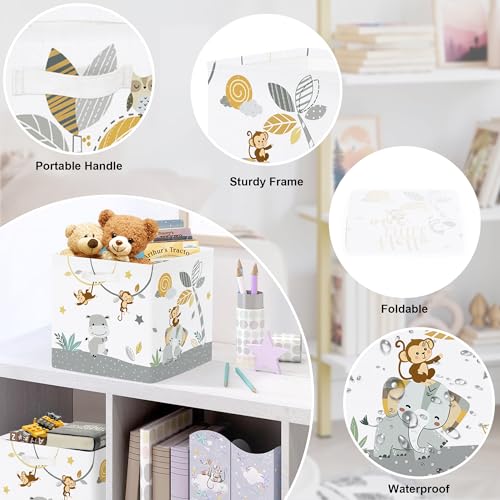 11.8" Tropical Animals Storage Cube Organizer Set 3Pcs Clothes Storage Basket Bin for Closet Shelf Elephant Giraffe Zebra Nursery Kid Room Book Toy Chest, Monkey