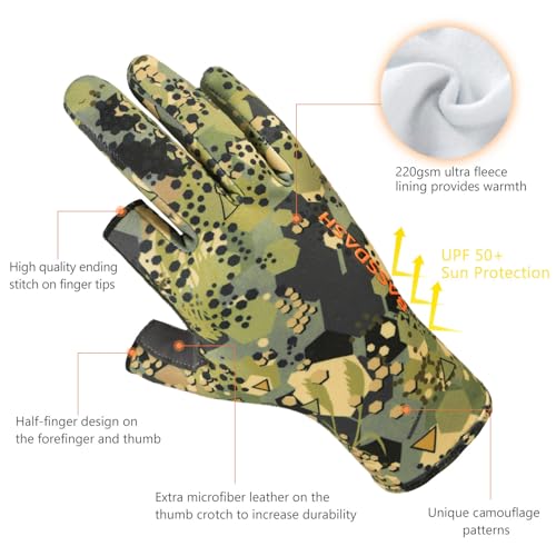 BASSDASH Unisex Fingerless Fleece Liner Camo Hunting Gloves for Cold Weather UPF 50+ Lightweight Fishing Photography HG06 - color: Open Terrain Ⅱ, size: Medium