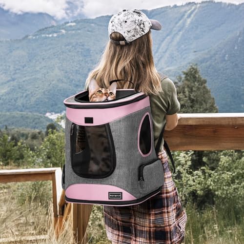 Petsfit Dog and Cat Backpack Carrier, Padded Waist Support, Up to 18 lb | 13.5 x 12.5 x 17.5 in; reinforced frame, 600D Oxford, 4 mesh panels, lockable zippers, safety tether and washable mat. - color: aPink