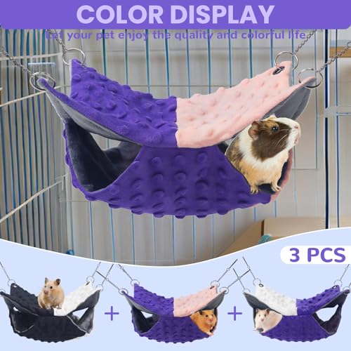 YedsIntu 3 Pcs Guinea Pig Hammock, Rat Ferret Hamster Hanging Hammock Guinea Pig Accessories for Small Animals Chinchilla Parrot Sugar Glider Ferret Squirrel (11"×11") - color: Purple + Pink, Purple + White, Black + White