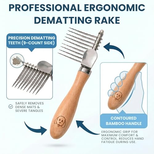 Dematting Rake for Dogs, Detangling, Grooming Tool For Matted Pet Hair | Best for Doodles, Poodles, Goldendoodles, Mat Remover, Undercoat Rake, Detangler Brush for Dogs, Comb Tool for Grooming - size: Dematting Rake Regular