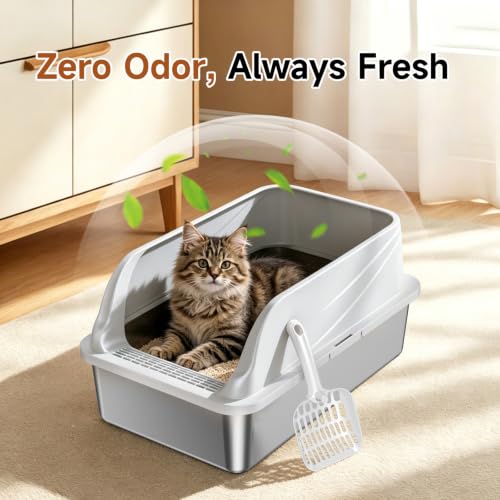 Stainless Steel Litter Box XL | Prevents Urine Leakage Includes Scoop Durable & Sturdy Odor-Resistant - color: Grey XL