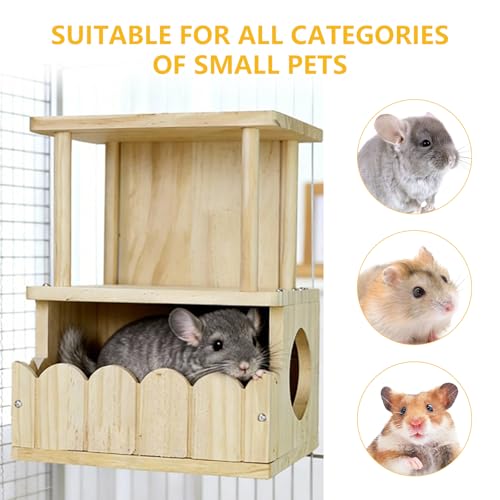Chinchilla Hideout, Natural Wooden Hamster House Hideout | Double Room Detachable Small Pet House Habitats, Small Animal House Chinchilla Cage Accessories for Squirrel, Sugar Gliders - color: J