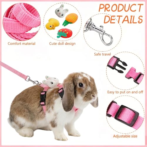4 Sets Adjustable Bunny Rabbit Harness and Leash Set Small Pet Cute Vest Harness Leash with Decoration for Bunny Ferret Small Pets(Designs: Rabbit/Carrot/Duck/Strawberry)