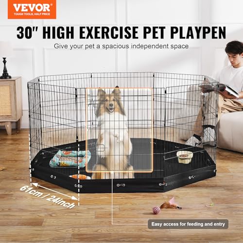 VEVOR Dog Playpen, 8 Pcs 30"H x 24"W Panels Foldable Metal Pet Exercise Pen, Dog Fence Indoor and Outdoor Pen with Door, 600D Oxford Fabric Bottom Pad, Pet Playpen for Dogs, Cats, Other Small Animals - size: 8 panels 30*24in, style: Playpen + Bottom Pad
