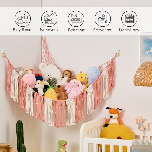 Stuffed Animal Hammock with Weaving Tassels and Beads Leather Pink - color: Leather Pink