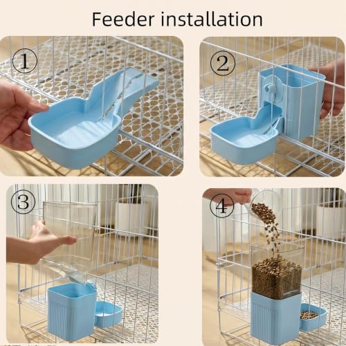 Automatic Rabbit Feeder and Water Dispenser Set,54oz Gravity Food Feeder&17oz Leak-Proof Water Bottle for Guinea Pigs,Hamsters,Chinchillas,Ferrets, Small Animals,Cage Mount Feeding Station Blue