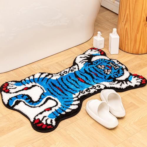 Tibetan Tiger Rug, Blue Tiger Bath Mat Fun Animal Bathroom Rug | 24 x 40 In, Soft Plush Pile, Non-Slip Backing, Washable, Irregular Shape, Bedroom and Living Room Floor Accent - color: Blue