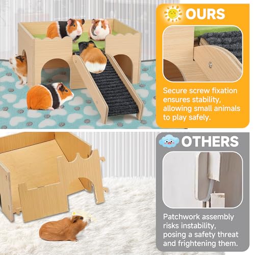 Wooden Guinea Pig Hideout Castle with Stairs,Small Animal Bed Hut Habitats Spacious 2-Level Detachable Small Pet House for Rabbits, Hamsters & Chinchillas Bunny (Green) - color: Green