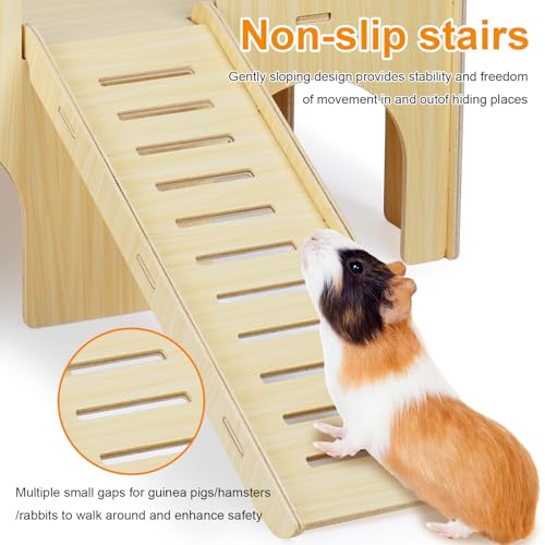 Large Wooden Guinea Pig Hideout with Ramp & 4 Cave Entrances for Small Pets | Easy Assembly, Easy-Clean Surface, Spacious Design, Anti-Slip Ramp, Quality Wood