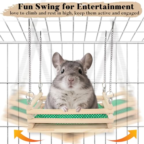Wooden Chinchilla Hammock & Swing Set - Soft Mat Bed with Kiln-Dried Pine Ledges for Chinchillas - Habitat Enrichment & Exercise