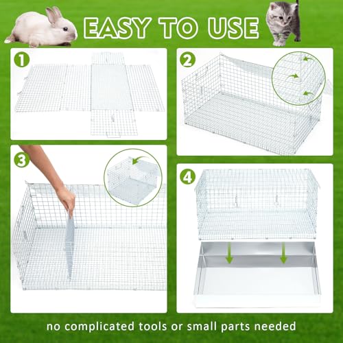 DoubleFill 4 Hole Foldable Rabbit Transport Cage, 28 x 16 x 12 in Portable Metal Bunny Carrier with Tray & Handles for Travel Temporary, Small Animal Cage for Guinea Pigs Hamster Indoor Outdoor - color: Sliver, size: 28.9"L x 21.3"W x 3.5"H