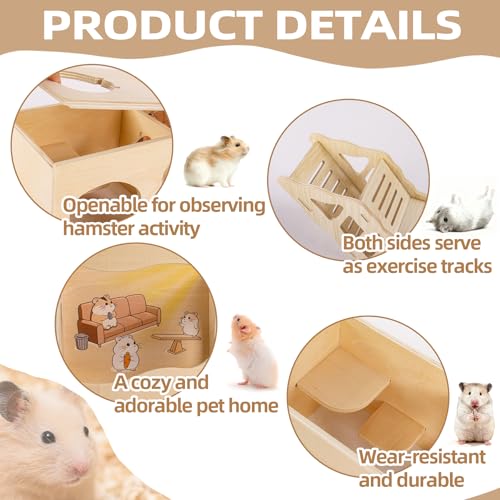 2 Pcs Hamster Hideout Set House and Tunnel, Wooden Exploring Tunnel with Ladder, Small Animal Playground Exploring Toys for Rats, Syrian Hamsters, Gerbils, Guinea Pig(Style2) - color: Style2