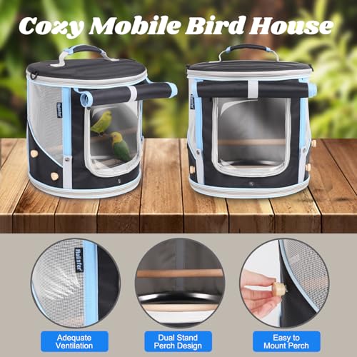 halinfer Small to Medium Bird Travel Carrier Cage, Portable Parrot Parakeet Cockatile Conure Transport Cage with Clear Window and Fabric Shade, Round Carry Bird Bag - color: Black