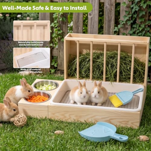 3-in-1 Rabbit Litter Box with Hay Feeder, Wooden Bunny Feeding Station | chew-resistant solid wood，deep litter box，Easy to Clean，for Guinea Pigs, Chinchillas, Hamsters, Ferret and Other Small Animal