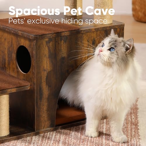 FUKUMARU 3-in-1 Pet Stairs, Retro-style Dog Steps for Cats and Small Dogs, Wooden Cat Stairs for High Bed with Scratching Post, Dog Ramp for Couch with Cat Condo Cave, Easy to Clean & Aesthetic Design - color: Brown