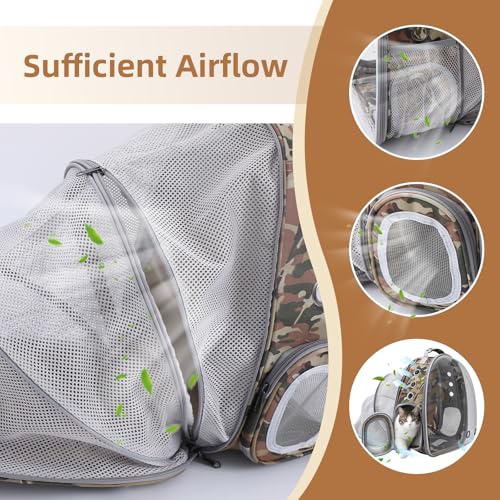 Expandable Cat Carrier Backpack with Bubble Window, Camo | Breathable mesh, anti-collapse frame, side door, safety leash and escape-resistant zippers for vet visits and outdoor travel. - color: Camo