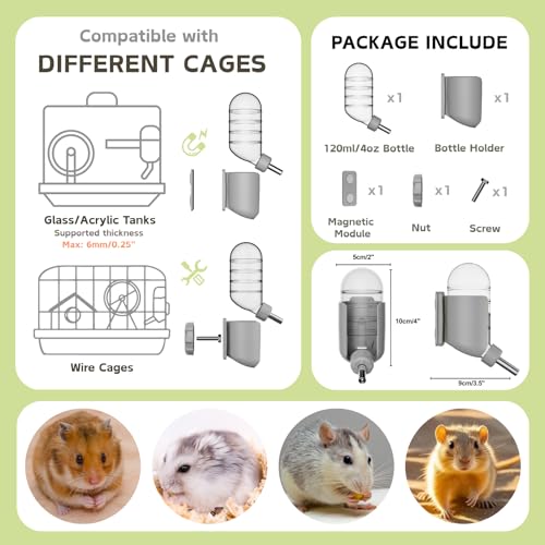 Hamster Water Bottle with Magnetic Holder, Freestanding Water Bottle for Glass Tanks, Suitable for Syrian Dwarf Hamsters Gerbils Mice Rats Degus (Grey, 4 oz (Magnetic-Mounted)) - color: Grey, size: 4 oz (Magnetic-Mounted)