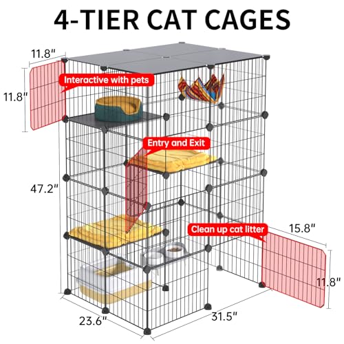 Oneluck 4-Tier Cat Cage for Indoor Cats 47.2-Inch Large Detachable Metal Wire Catio Enclosure Modular DIY Pet Playpen with 3 Platforms and 4 Doors for 1-2 Kittens 31.5 x 23.6 x 47.2 Inches Black - size: 31.5"L x 23.6"W x 47.2"H