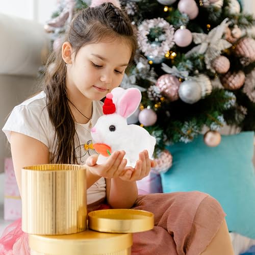 Easfan Bunny Plush Jumping Spotted White Rabbit with Hat Hopping Ears Nose Moving Educational Plush Toy Singing Shaking Glowing Interactive Toy Electric for Toddlers Kids - style: Bunny_White_Hat