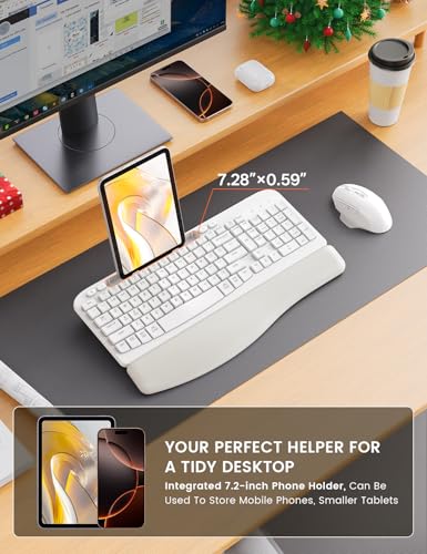 Wireless Keyboard and Mouse Combo with Ergonomic Wave Key | Leather Soft Palm Rest, Rechargeable, 4-Level DPI, Phone Holder, 2.4GHz, MA22 Plus Full Size Set for PC, Laptop, Windows, Mac - color: Cloudy White