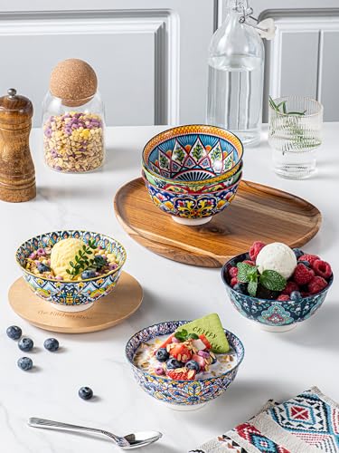 HENXFEN LEAD Boho Ceramic Dessert & Snack Bowls Set of 6, 10 oz | Assorted Patterns, Ideal for Ice Cream, Yogurt, Fruit, Nuts, Rice & Side Dishes, Microwave & Dishwasher Safe - size: 10 Oz