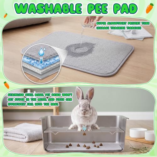 Hicarer Rabbit Litter Box, Extra Large Bunny Litter Box with Stainless Steel Sifting Tray, Grid and Washable Pee Pad, Animal Toilet Potty Tray Easy to Clean and Odor Control(18" × 13.8" × 6")