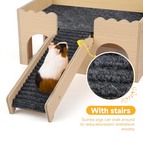 Wooden Guinea Pig Hideout Castle with Stairs,Small Animal Bed Hut Habitats Spacious 2-Level Detachable Small Pet House for Rabbits, Hamsters & Chinchillas Bunny (Grey) - color: Grey