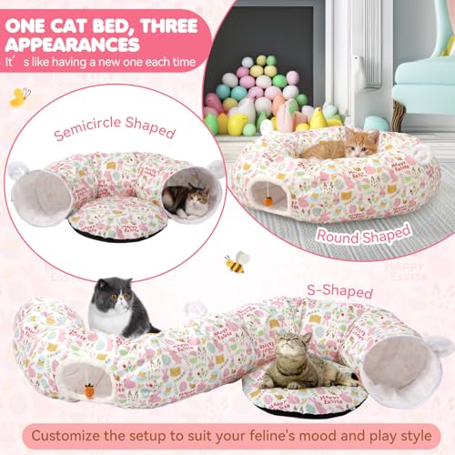 Aliceset Easter Bunny Cat Tunnel Bed for Indoor Cats 3ft x 3ft x 10in Foldable Cat Donut Tunnel with Washable Cushion Easter Rabbit Peekaboo Cave Toy for Small Kitten Kitty