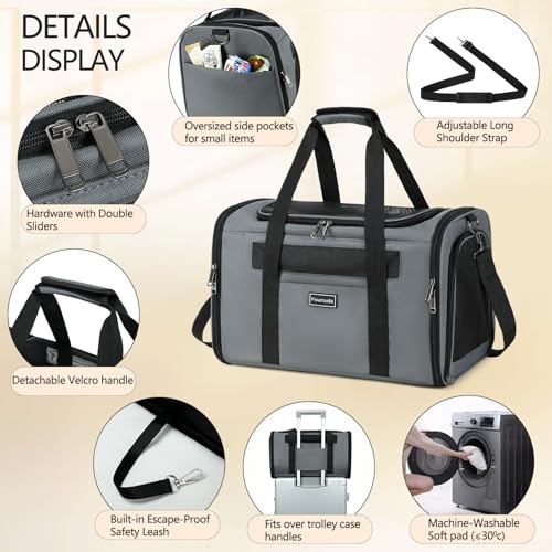 Cat Travel Carrier .Foldable Dog Carrier Bag, Soft Sided cat Carrier up to 20 Lbs,Pet Carrier Soft-Sided Escape Proof with 4 Ventilated Windows, Airline Approved Cat Carrier (Grey) - color: Grey