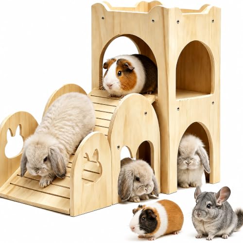 Large Bunny Hideout Wooden Bunny House with Ramp Rabbit Castle(Set of 2) | solid wood guinea pig hideout chinchilla house with detachable panels,rabbit hide with ramp hideaways and climbing areas - style: Set of 2