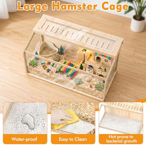 XiaZ Hamster Cage,32Inch Large Hamster Cage with Panoramic View and Ventilated Top, Spacious Acrylic Glass Habitat for Syrian Dwarf Hamsters and Degus, Natural Wood Frame Enclosure - size: 32.0"L x 16.0"W x 16.0"H
