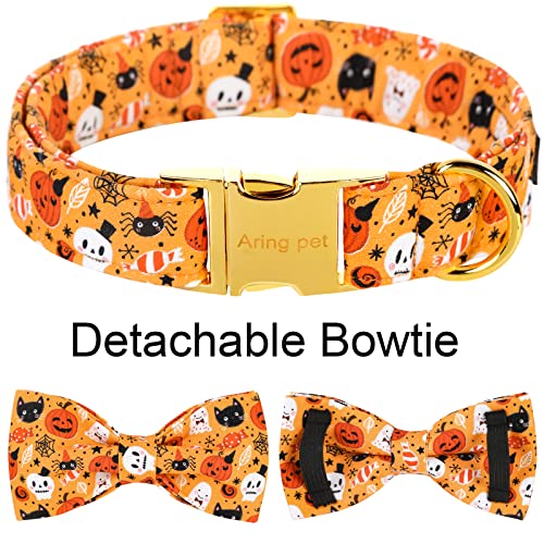 ARING PET Dog Collar with Bow-Halloween Dog Collar Bowtie, Adorable Boy and Girl Ghost Pumpkin Dogs Bowtie Collar Gifts with Metal Buckle - color: Halloween Orange, size: X-Small (Pack of 1)