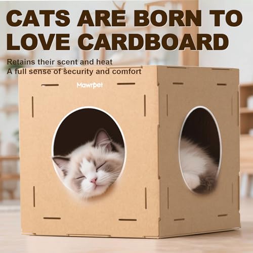 DIY Cat House with Scratcher Cardboard, Condo with Scratching Pads,Cats Play House, DIY Modular Cat Boxes, Indoor Kitty Scratcher Hideout for One or More Cats, Cat Tower Castle Tunnel, 5 Parts - size: 3 Boxes + 2 Roofs + 4 Scratchers