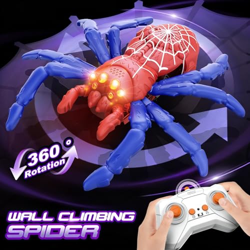 Wall Crawler Spider, Rechargeable Remote Control Robot Toy | Wall Climbing Toy with Gift Card for Kid, Boys, Girls, Halloween Toys, Birthday Gift (Red & Blue Spider) - color: Red & Blue Spider