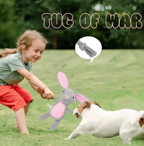 Plush Bunny Dog Toy, Squeaky Tug Toy with Rope Arms for Small Medium Dogs | Cute plush toy with sound features, designed for small and medium dogs, indoor play and daily entertainment - color: Grey