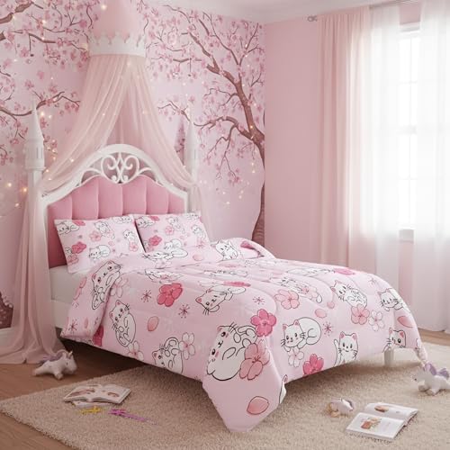 QOOMO 3Pcs Sakura Cats Comforter Set Twin,Floral Bedding Set for Kids | 3Pcs Bedding Set Printed Comforter with 2 Pillowcases,Soft Microfiber,Lightweight and Comfortable,for All seasons - color: Sakura Cats 18, size: Twin
