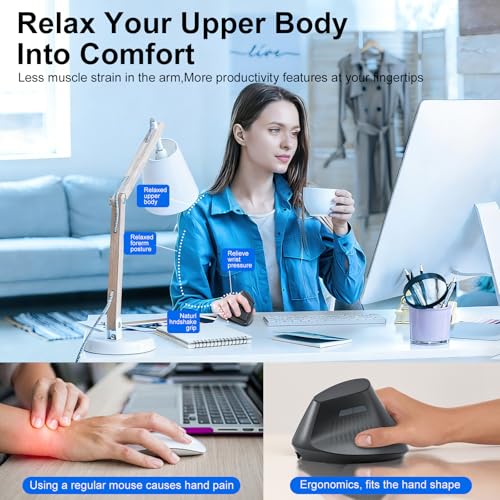 Ergonomic Bluetooth Mouse, Wireless Rechargeable Vertical Mouse for Carpal Tunnel with USBC & BT 5.0/3.0 & 2.4G Connect, Silent, Easy to use, 6 Buttons for Laptop PC MacBook Desktop Computer - color: Black