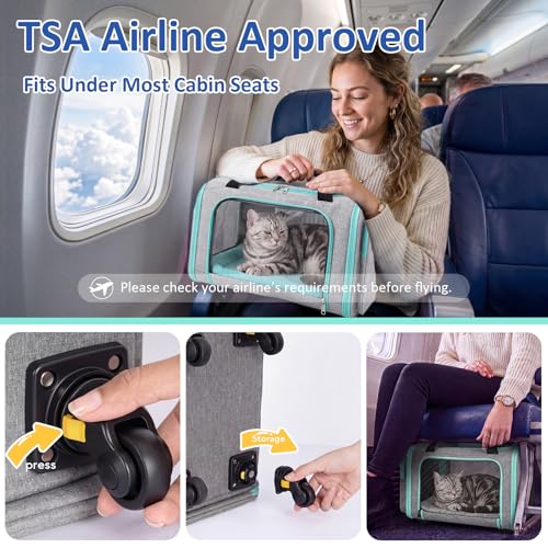 Airline Pet Carrier with Wheels, 18x11x11 for Cats & Toy Dogs | Soft-sided nylon under-seat bag, removable wheels, expandable mesh, cats & toy-breed dogs, measure pet before buying - color: Green