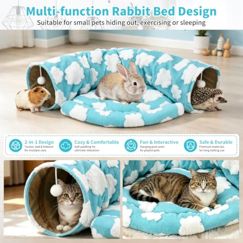 BWOGUE Bunny Tunnel Bed, 2-in-1 Collapsible Rabbit Tunnel Hideout with Mat | Removable Mat for Washing, 46.8 in Length, Ball Toy for Play, Cats Rabbits Guinea Pigs, Clouds Blue - color: Clouds Blue