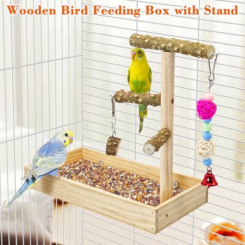BNOSDM Wooden Bird Feeder for Cage Natural Wood Parrot Feeding Cups Bird Food Dish with Perch Stand for Parakeets, Budgies, Cockatiels, Lovebirds, Finches, Pigeons - size: L:12 x 6 x 1.6in