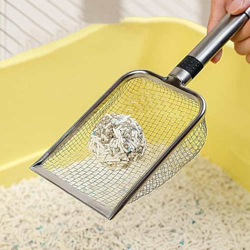 Integrated Metal Cat Litter Scoop, Stainless Steel Mesh Litter Scoop, Long Handle Cat Scooper, Poop Sifting Mesh Litter Deep Shovel, Cat Litter Scooper for Litter Box/Reptile Terrarium Sand Waste