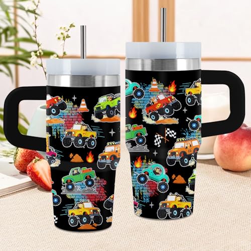 Truck 14oz Tumbler, with Handle Straw, Stainless Steel Sport Cup | 14 oz Insulated Water Bottle, Travel Vacuum Coffee Mug, Thanksgiving Christmas Birthday Gift for Son, Car Lover Gifts - color: Truck-Black