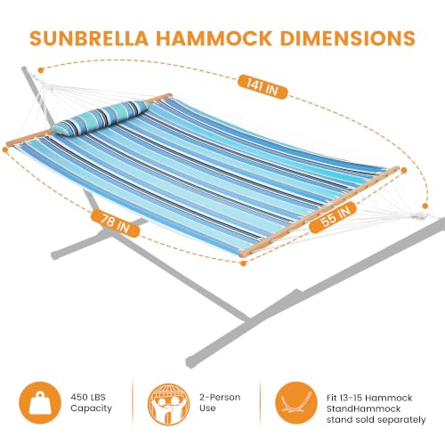 Lazy Daze Hammocks 12 FT Sunbrella Fabric Hammock Non-Fading with Spreader Bars and Free Pillow Fits for 2 Persons, All Weather and Fade Resistant for Patio Yard, 450 lbs Capacity, Dolce Oasis - color: Dolce Oasis
