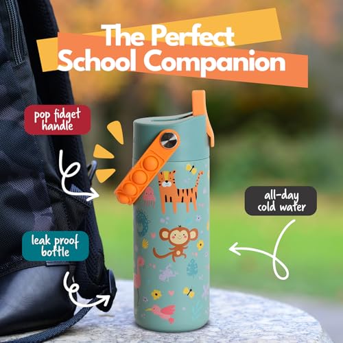 Elemental Insulated Kids Water Bottle, Stainless Steel Water Bottle with Straw Lid & Pop-It Handle, Leak-Proof Water Bottles for School, Boys or Girls, Travelling and Sports, 18oz - Safari - color: Safari