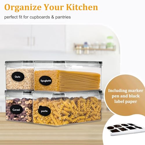4pc 3.2L Large Airtight Plastic Canisters with Lids, Cups & Labels | Plastic Food Storage with Labels for Spaghetti, Cereal, Oats & Kitchen Pantry Organization, 4 Pack - size: 4 pcs(3.2L)